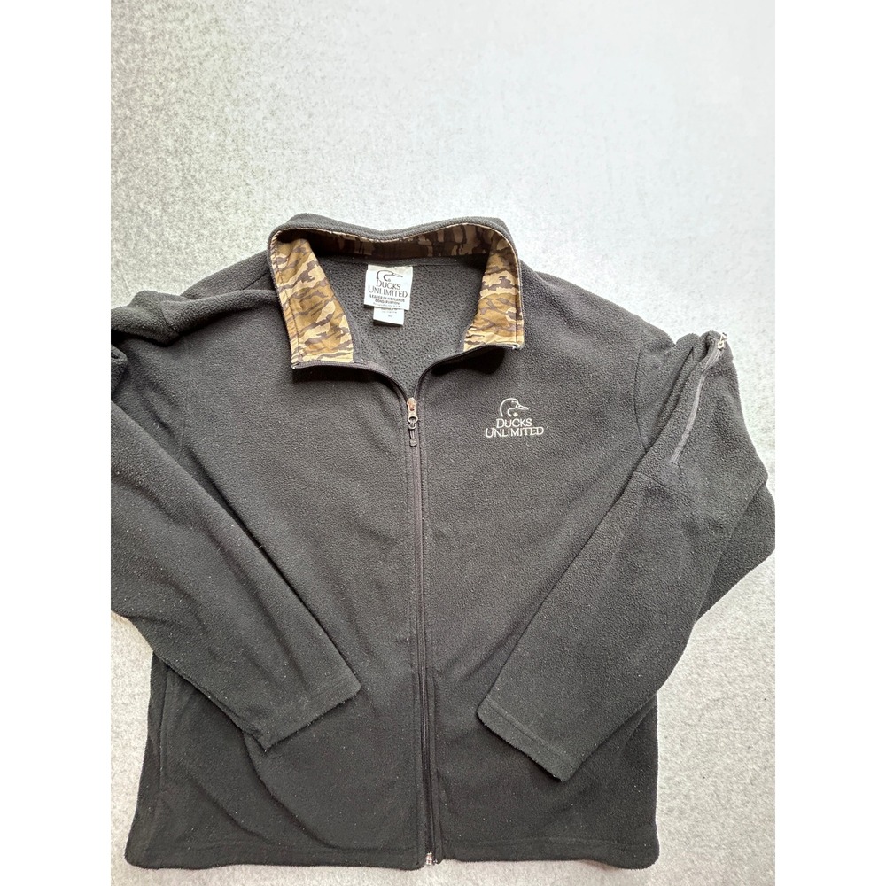 Ducks Unlimited Mens XL Full Zip Fleece Jacket Black Camo Collar Sleeve Pocket